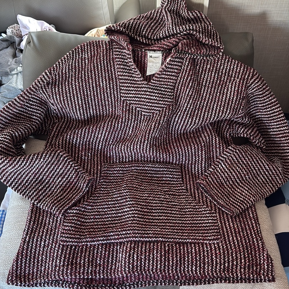 Mexican Poncho Baja Hoodie Surfer Skater Pullover Burgundy UNISEX - Picture 2 of 3